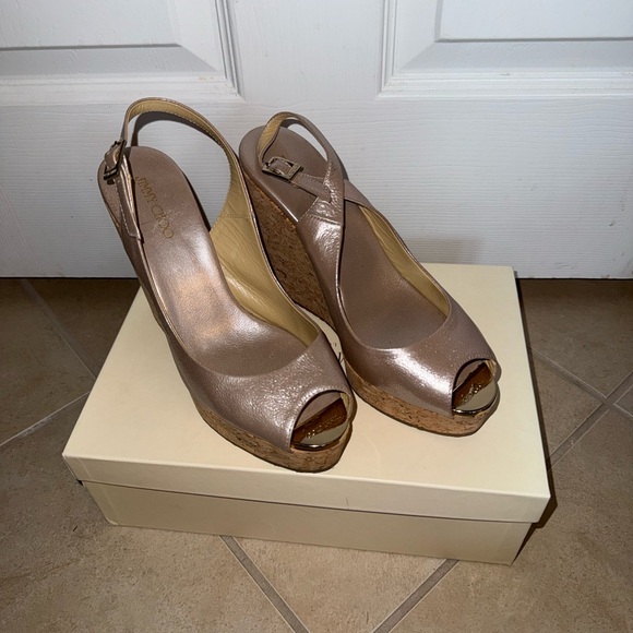 Jimmy Choo Prova Metallic Slingback Peep Toe Wedge Sandals - Picture 2 of 7